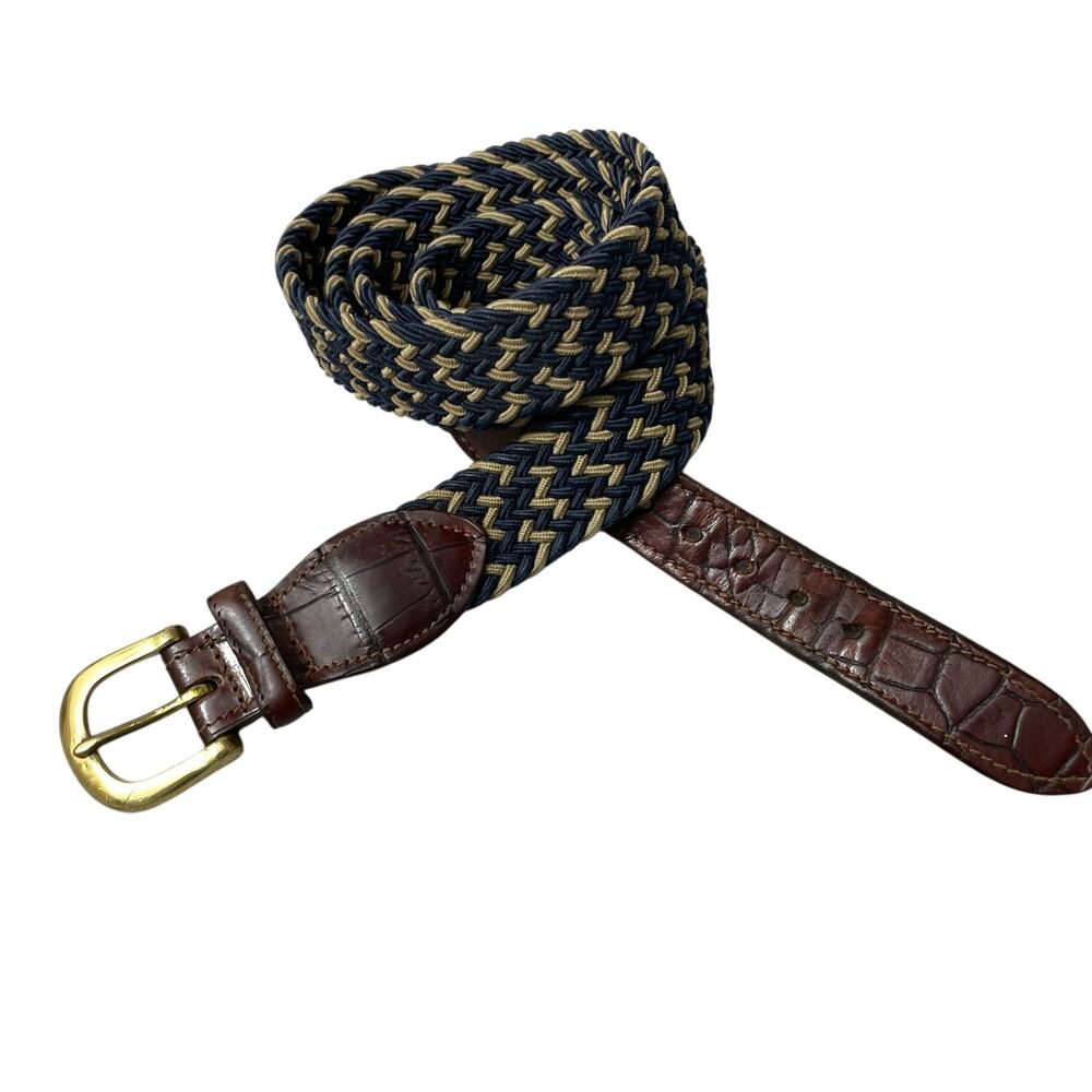 Crookhorn Woven Belt Mens Blue Elastic Genuine Leather Brass Buckle Classic 1.5"